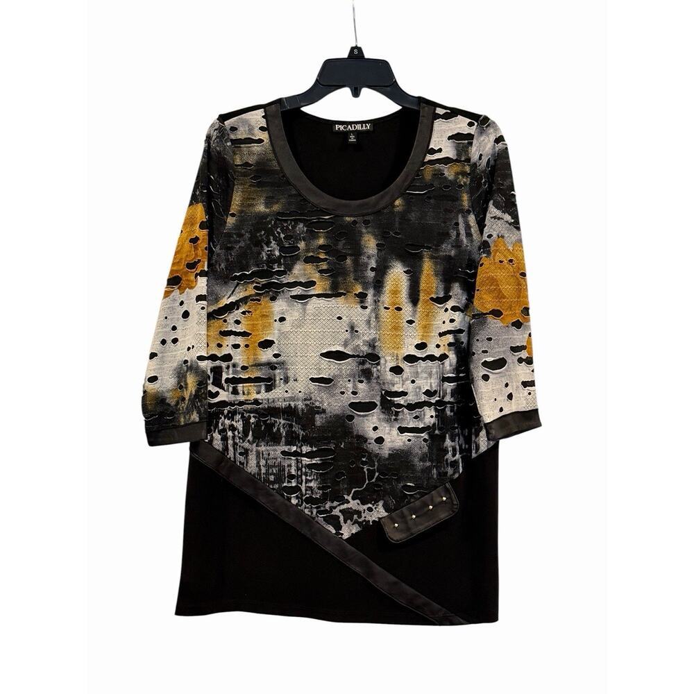 Picadilly Women’s L Black Gray Gold Abstract Tunic Top Textured Cutout Design
